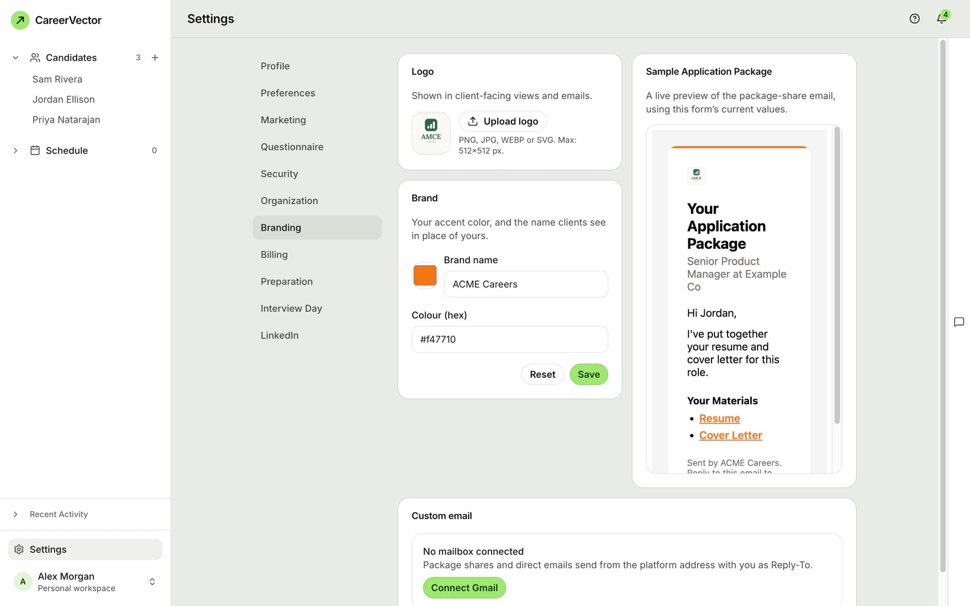 Branding settings: logo upload, brand name, accent colour, and a live preview of the package email