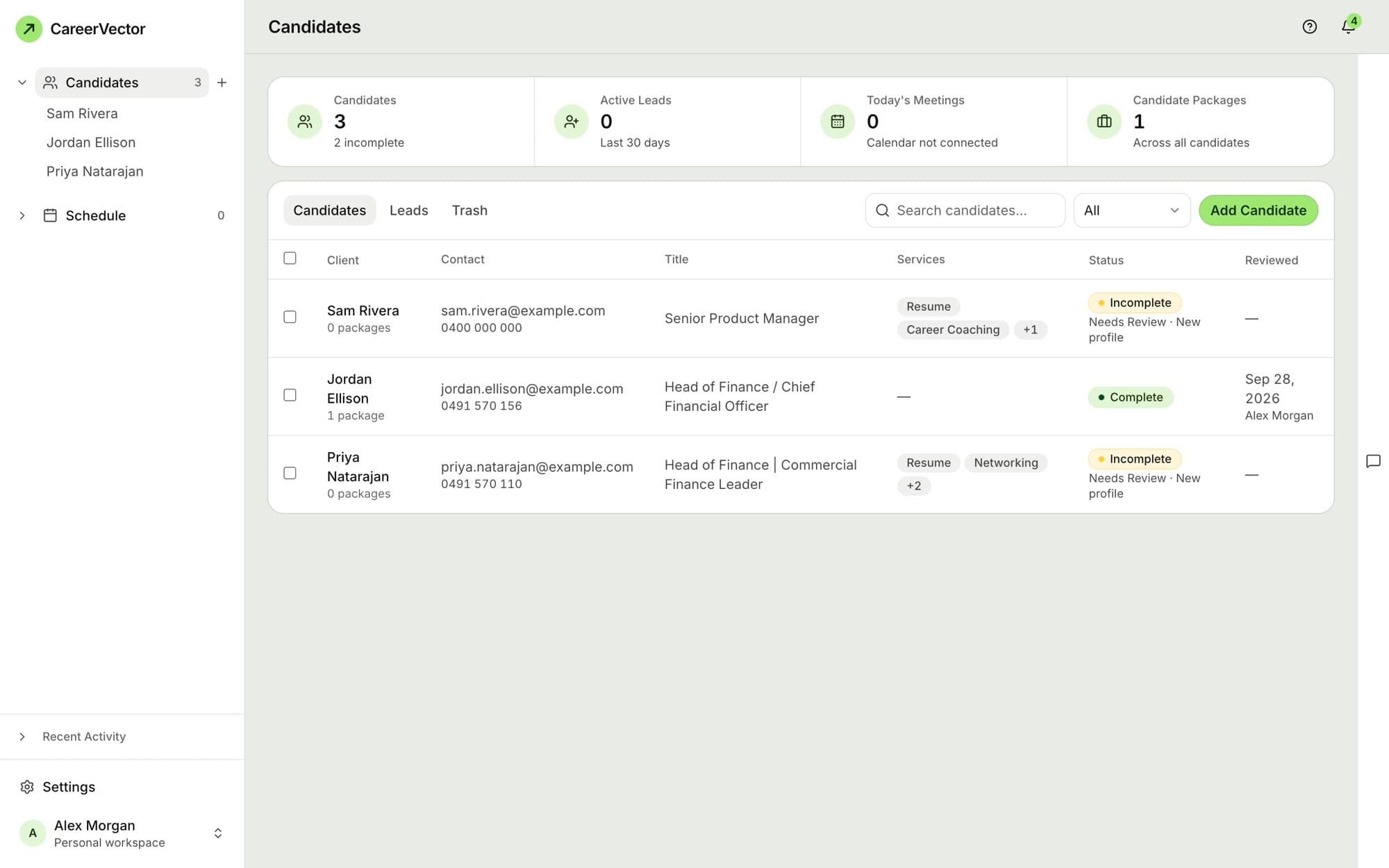 The candidate CRM listing candidates with contact details, services, status and review date