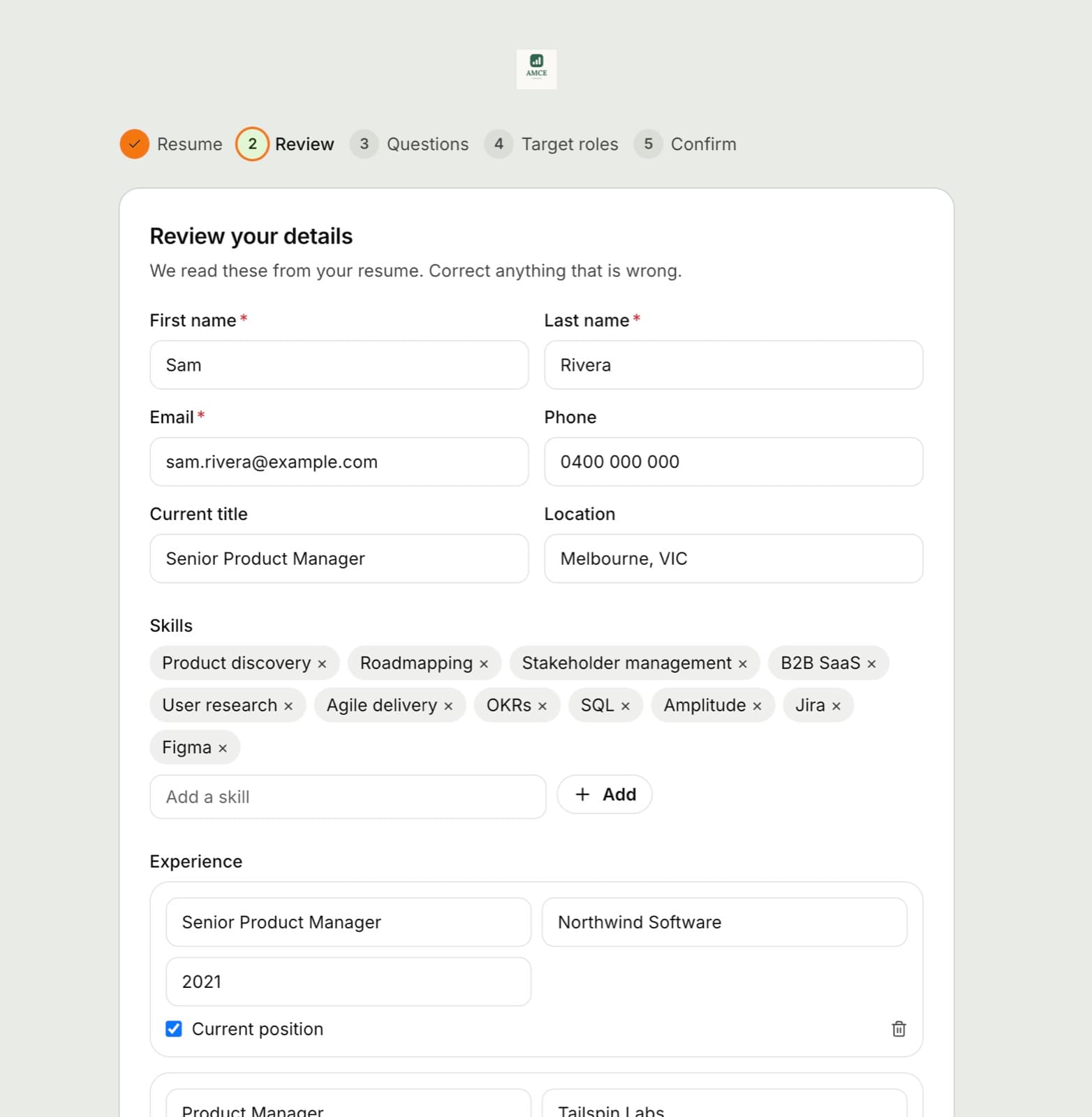 The candidate onboarding portal in a coach’s branding, showing details read from the uploaded resume