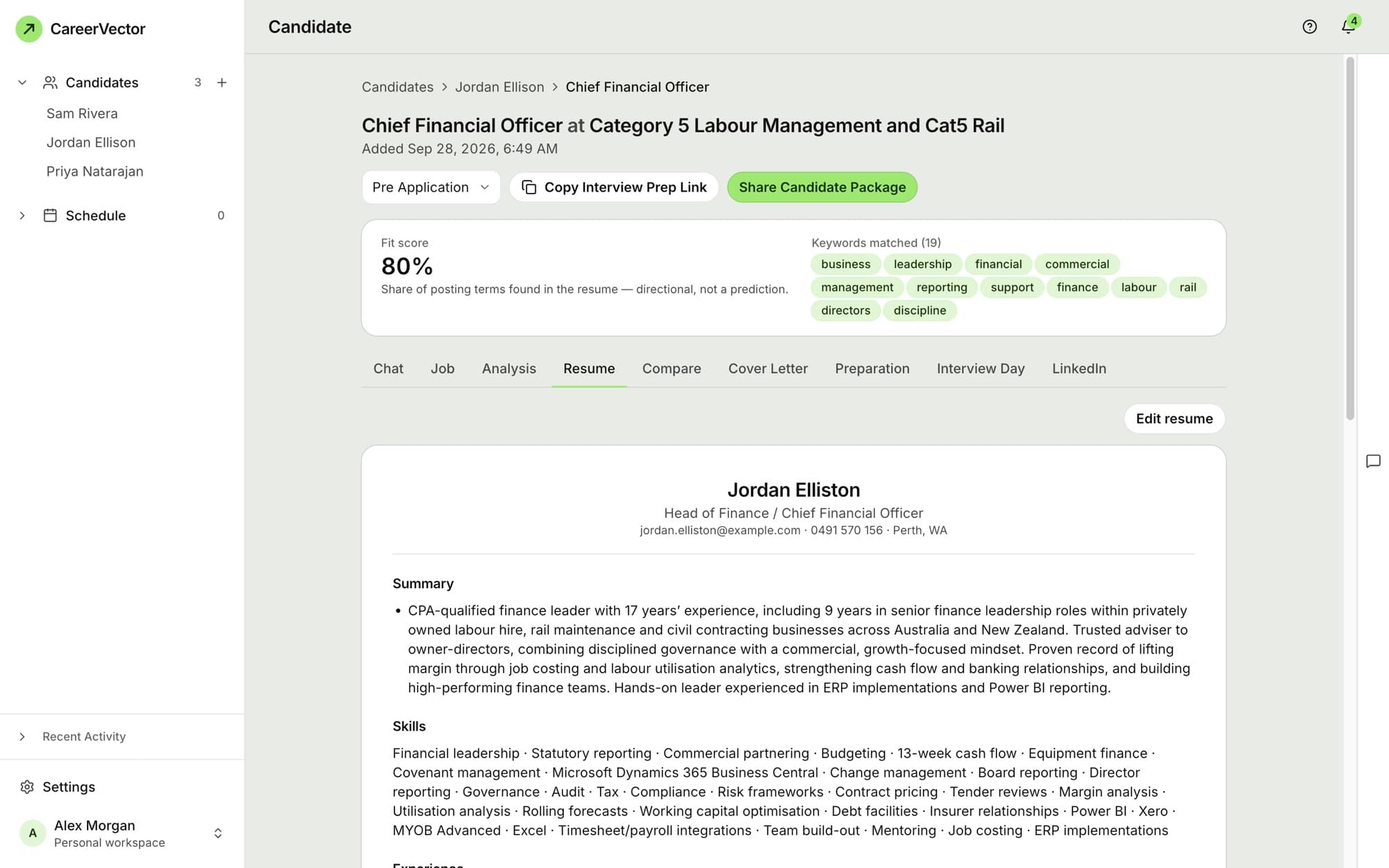 The tailored resume tab of a candidate package, with an Edit resume button