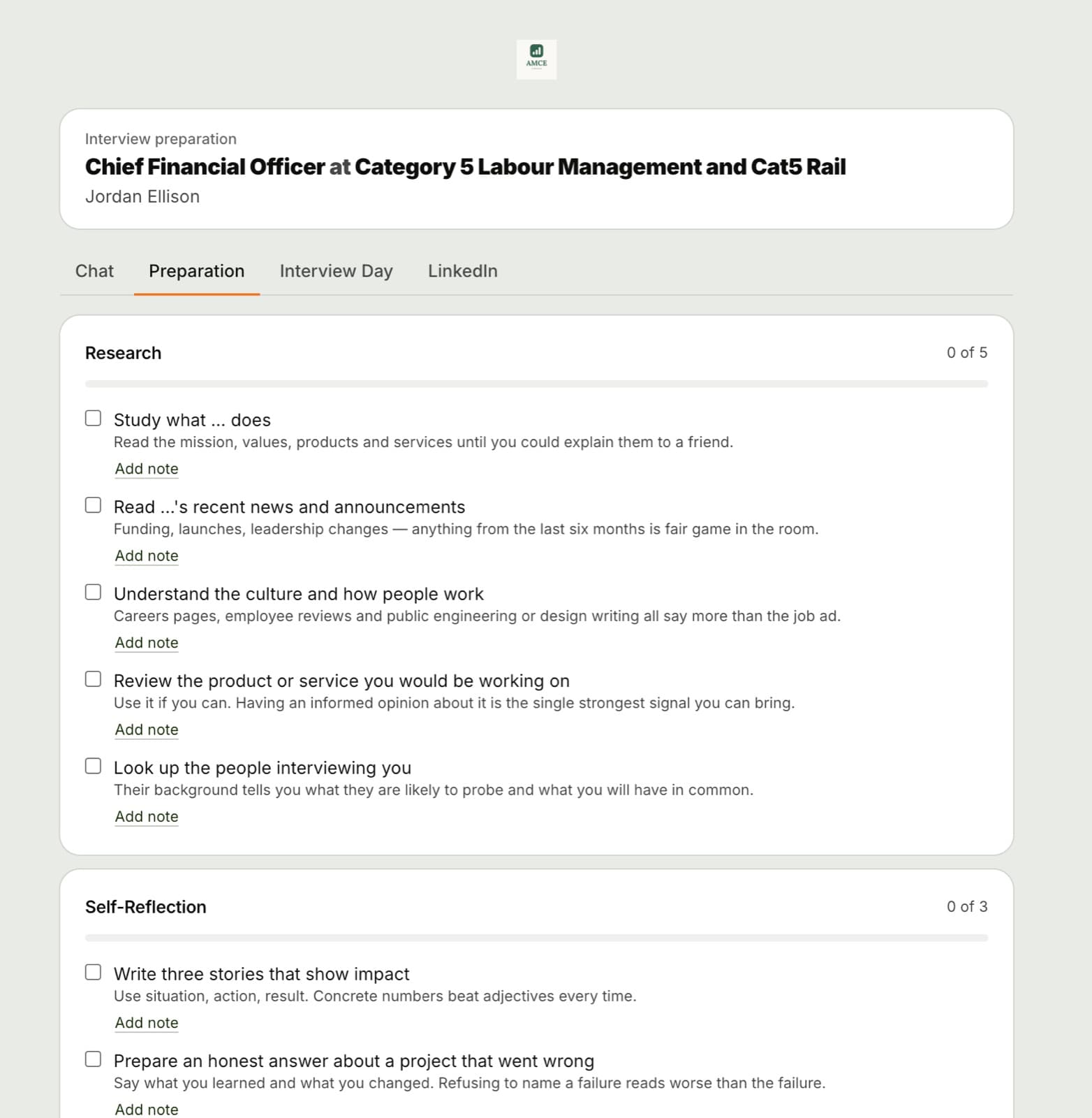 The candidate prep portal with a research checklist for the role