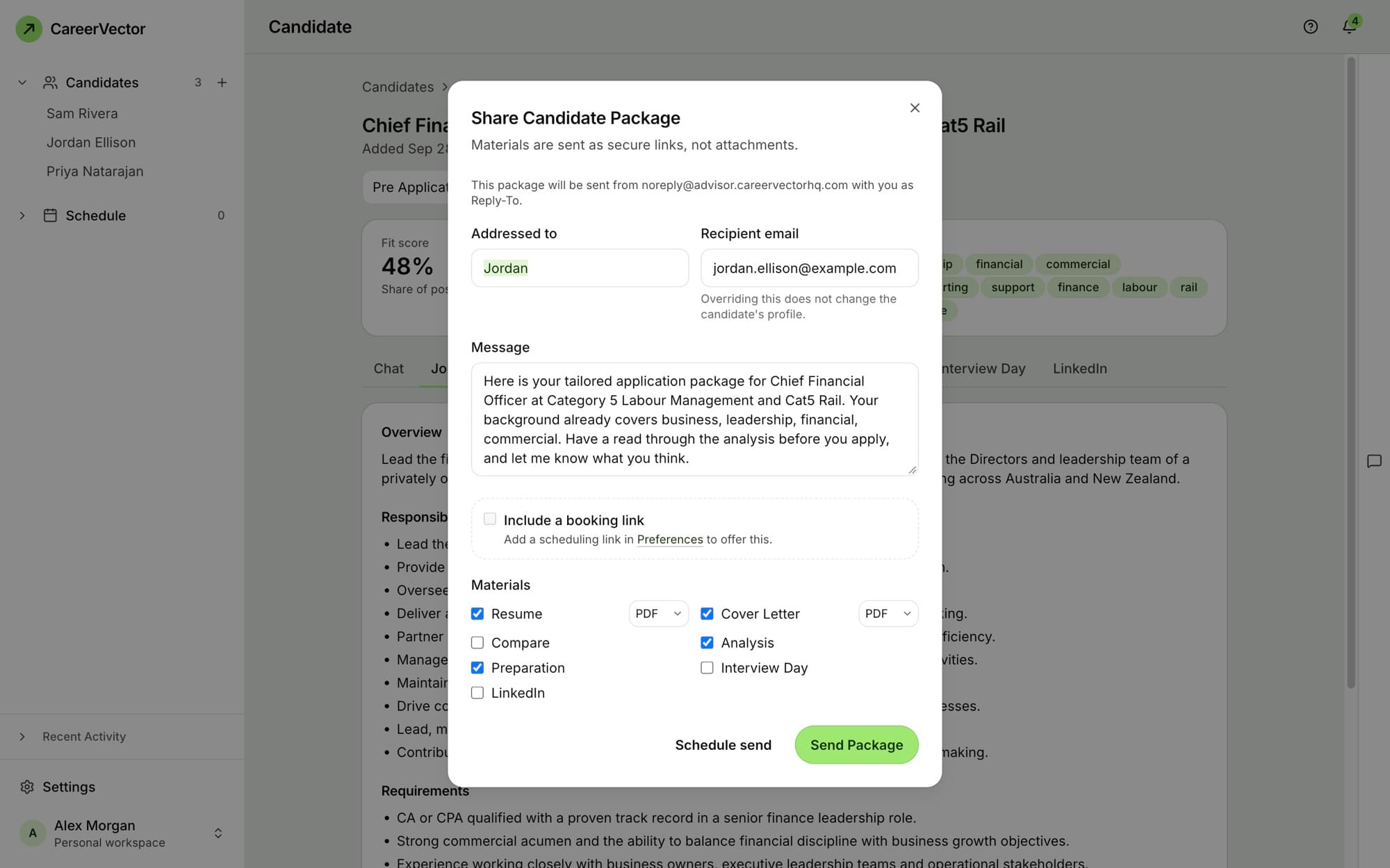 The Share Candidate Package dialog with message, booking link option, materials, Schedule send and Send Package