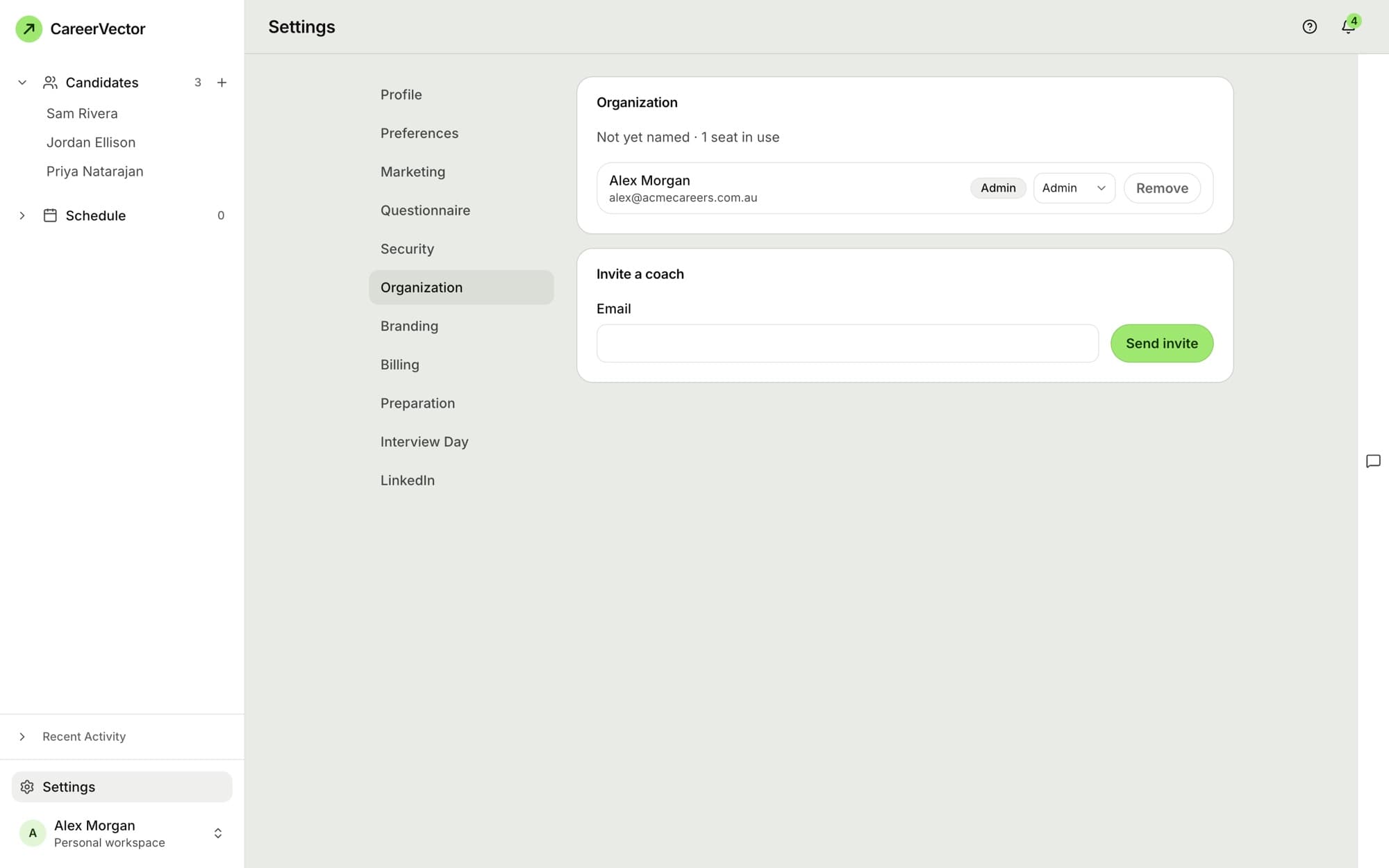 Organisation settings with coach roles and an Invite a coach form