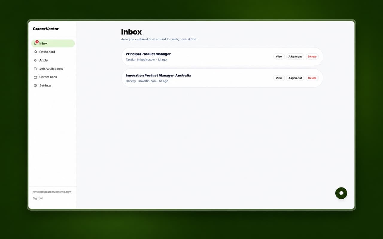 The CareerVector Inbox listing two saved jobs, each with View, Alignment and Delete actions