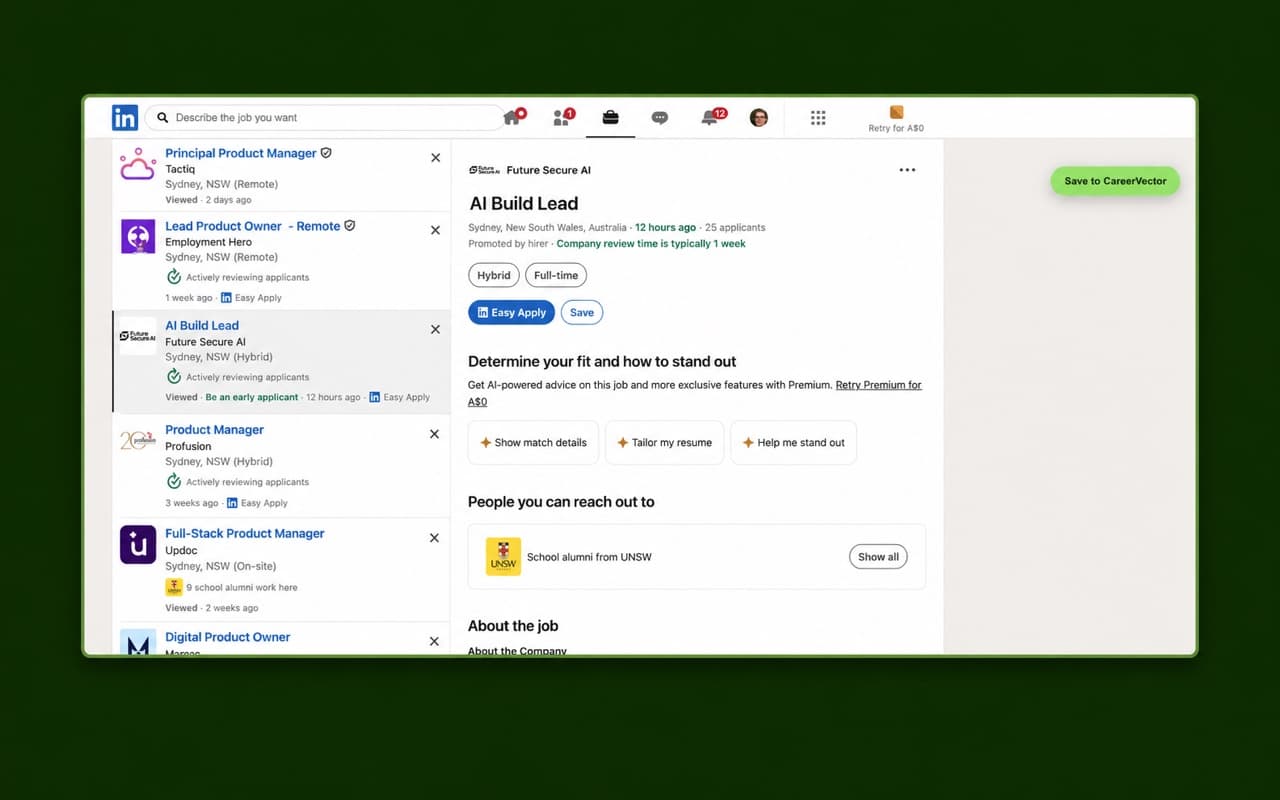 A LinkedIn job posting with the green Save to CareerVector button added by the extension